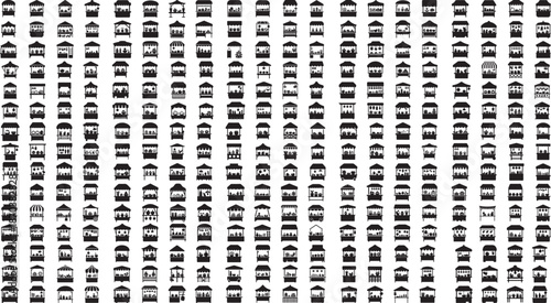 blackandwhite illustration of various house designs and architectural styles on white background