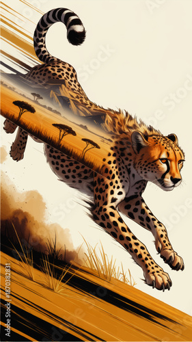 Dynamic cheetah sprint illustration with African savanna landscape double exposure, fast wildlife art, speed and motion concept
