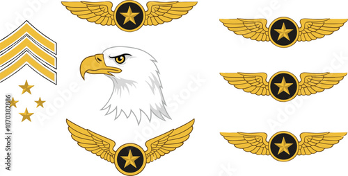 Military aviation insignias set featuring gold wings with stars a majestic bald eagle head and sergeant rank chevrons for patriotic designs.