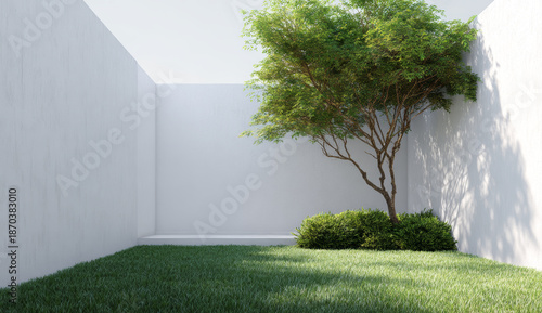 Modern minimalist garden scene featuring a lush green lawn with a mature leafy tree and neatly trimmed bushes, enclosed by white walls