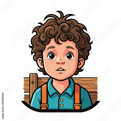 A cartoon boy with curly brown hair and a blue shirt