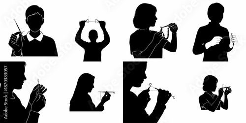 Vector silhouettes illustrating individuals performing delicate craft and threading activities, including beading, using specialized fine loop tools and hooks.