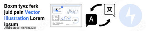 Data analytics, language translation, productivity tools, analytics dashboard, business automation, multilingual accessibility. Dashboard with charts and translation symbols. Data analytics