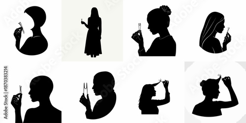 Silhouettes of Women with Hair Accessories: Vector Set of Female Figures Holding Bobby Pins and Styling Various Hairstyles.