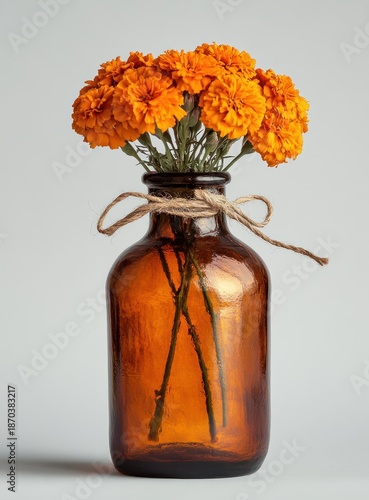 Vibrant Orange Marigold Flowers in Brown Glass Vase with Twine Bow for Decorative Home Accent