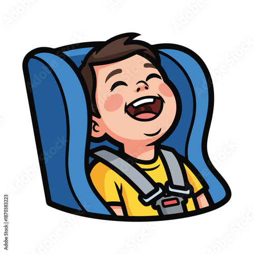 A cartoon boy laughing in a blue car seat