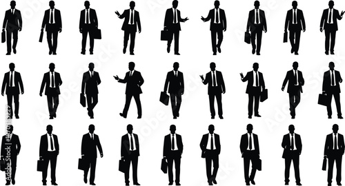 Businessman silhouette vector set showing walking, talking and briefcase poses for corporate office, leadership and professional lifestyle design projects.