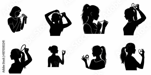 Women Silhouettes Set: Collection of Girls Styling Hair with Hair Ties and Scrunchies, Creating Ponytails and Buns.