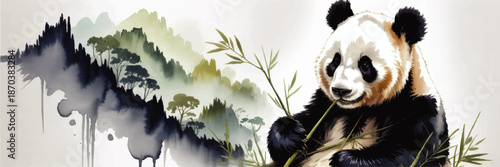 Watercolor giant panda eating bamboo with misty Chinese mountains and green forest landscape illustration banner
