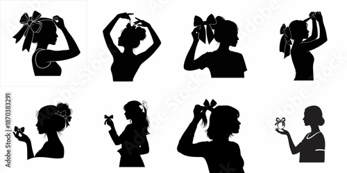 Black silhouettes collection of women styling hair with bows, ponytails, and updos, illustrating beauty routines and elegant accessories.