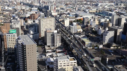 大阪、橋、城市、山、道路、風光、交通、青空、雲