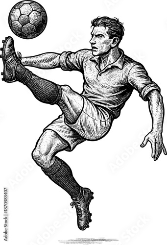 Vintage soccer player kicking ball mid air, retro sports poster style, dynamic pose, vector.