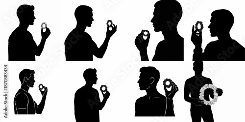 Vector Silhouettes of Young Men Holding Scrunchie Hair Accessories. Isolated Graphic Set for Fashion and Grooming.