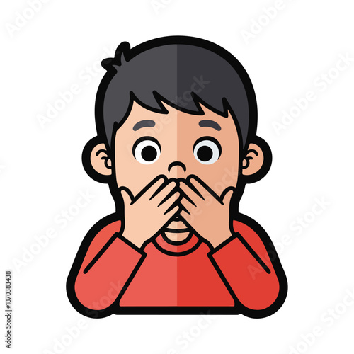 A cartoon boy covering his mouth