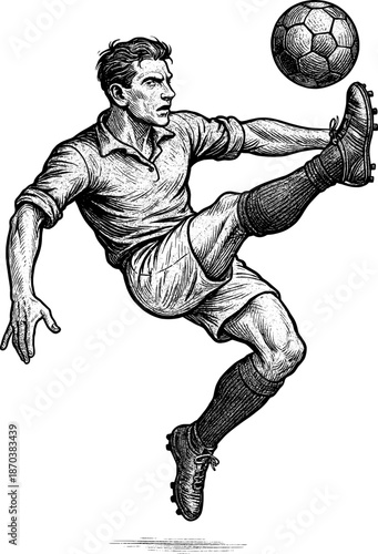 Vintage soccer player kicking ball mid air, retro sports poster style, dynamic pose, vector.