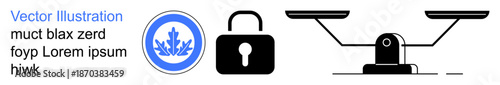 Data security, privacy protection, justice, cybersecurity, balance, legal rights. A badge, lock and scale icons in minimalist design. Privacy protection and justice concept