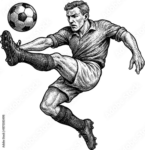 Vintage soccer player kicking ball mid air, retro sports poster style, dynamic pose, vector.