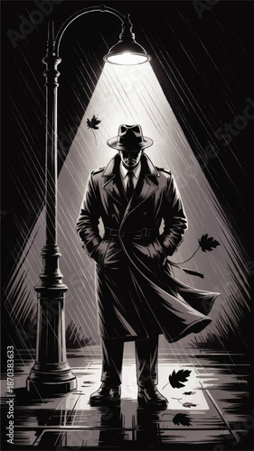 Noir detective in trench coat under street lamp at night in heavy rain, dramatic mystery crime scene illustration
