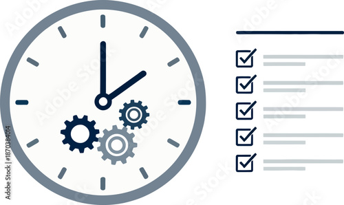 A clean graphic combining a classic analog clock with a task checklist and gears, symbolizing scheduled maintenance, daily planning, and timely execution.