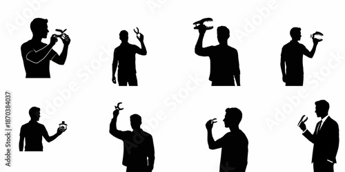 Collection of Male Silhouettes Holding Objects Shaped like Predatory Jaws, Representing Business Risk and Threat.