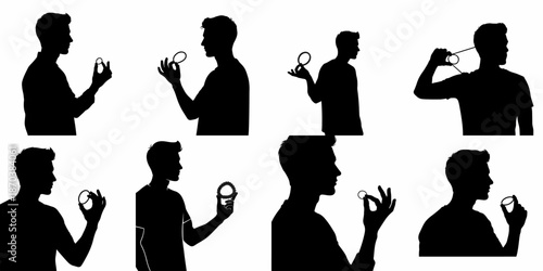 Black silhouettes of a young man holding, stretching, and examining various hair elastics and scrunchies, isolated on white background.