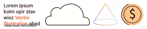 Technology, finance, data visualization, cloud storage, abstract concepts, minimalism. Outlined cloud, gradient cone shape and dollar coin symbol next to placeholder text. Technology and finance