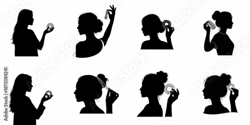 A collection of eight female profile silhouettes demonstrating various hairstyles and interactions with patterned scrunchies or hair accessories.