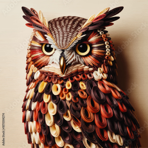 Colorful paper quilling owl illustration, intricate curled paper art bird portrait, creative craft design for posters and decor