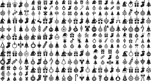 Christmas tree ornaments and decorations icons on white background