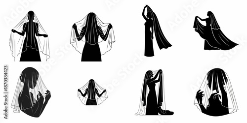 Elegant Bride Silhouettes Set: Women in various poses wearing flowing wedding veils, vector illustration isolated on white background.