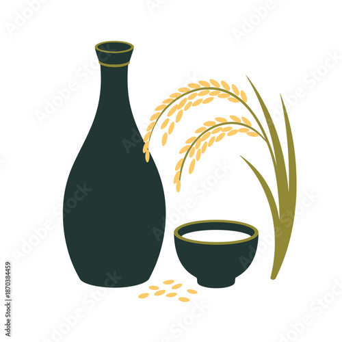 Sake bottle and cup with rice grains