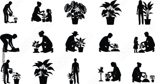 Gardening people silhouette vector set showing planting, watering and family care of houseplants for eco lifestyle, home and nature design projects.