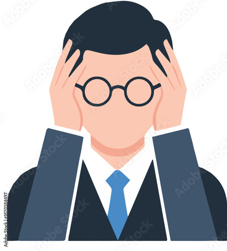 An illustration of a man with glasses holding his head in his hands, depicting stress, headache, anxiety, or being overwhelmed at work.
