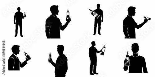 Silhouette collection of men holding various glue and adhesive products, including tubes and bottles, suitable for DIY, construction, and repair themes.