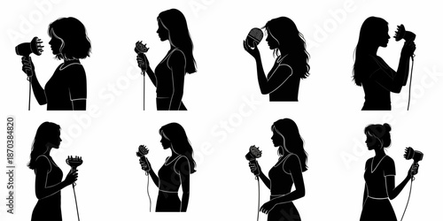 Collection of female silhouettes using hair diffusers for styling, demonstrating various hairstyles and profiles in black and white vector format.
