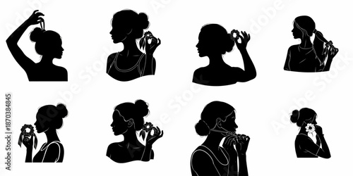 Black Silhouettes of Women Styling Hair with Scrunchies and Accessories, Vector Set of Female Hairstyles and Beauty Routine Elements.