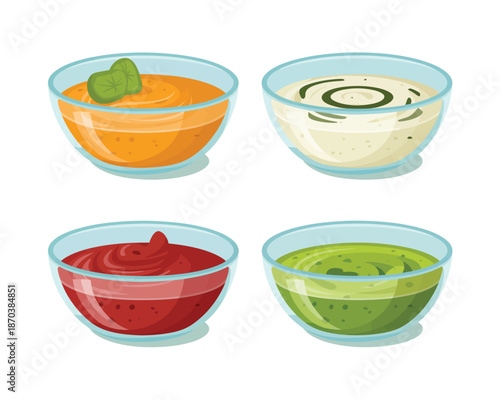 Assorted sauces in glass bowls