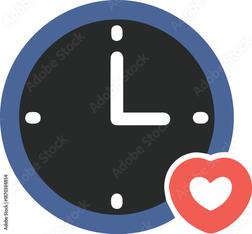A flat design illustration of a black wall clock with a red heart icon, symbolizing time management for wellness or dating app notifications.