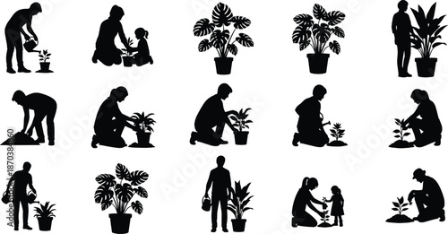 Home gardening silhouette vector set showing people planting, watering and caring houseplants for eco lifestyle, family activity and nature design concepts.