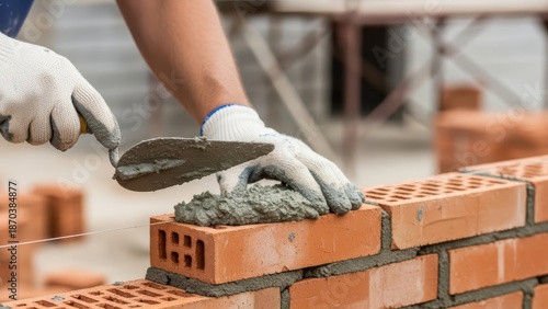 Male construction worker laying bricks with cement on wall using trowel and wearing gloves