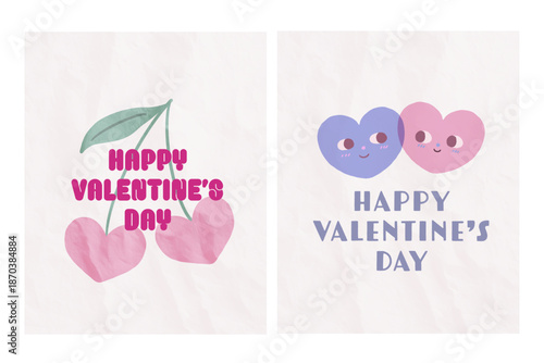手描きのハートのさくらんぼと落書きハートのおしゃれで面白いバレンタイン用イラスト