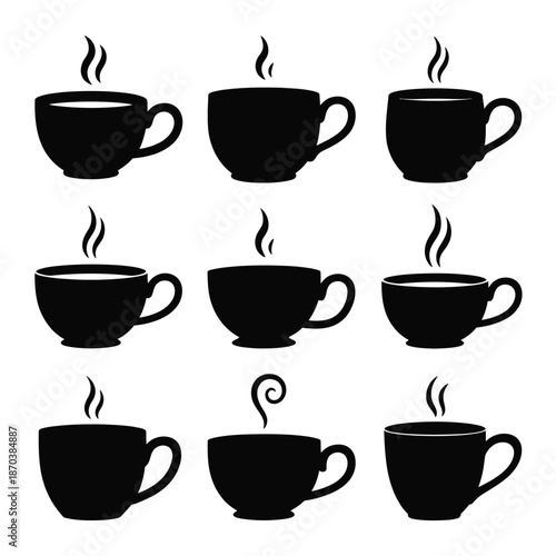 Collection of black coffee cups with steam rising from them
