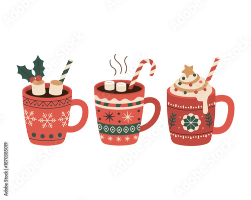 Festive christmas mugs with hot chocolate and marshmallows