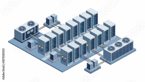Isometric illustration of data center with servers and cooling systems.