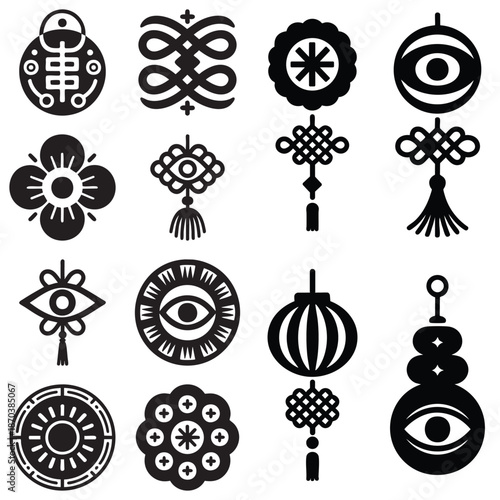 Traditional Chinese Decorative Knot and Amulet Vector Icon Set