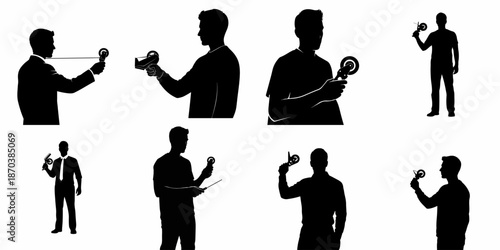 Black Silhouettes of Men Using Handheld Tape Dispensers and Label Applicators in Various Poses for Business, Office, and Logistics.
