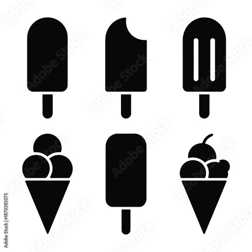 Collection of ice cream silhouettes in black and white