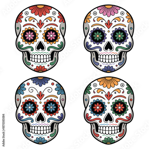 Colorful sugar skulls with floral designs