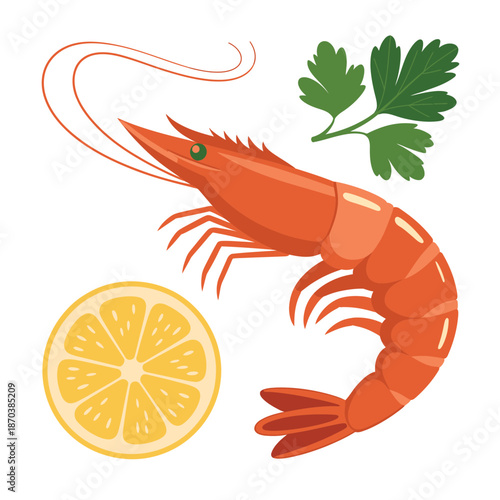 Fresh prawn with lemon and parsley garnish