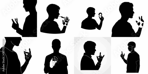 Vector set of male silhouettes demonstrating precision, dexterity, and interaction with small objects using specialized or prosthetic hands and gloves.